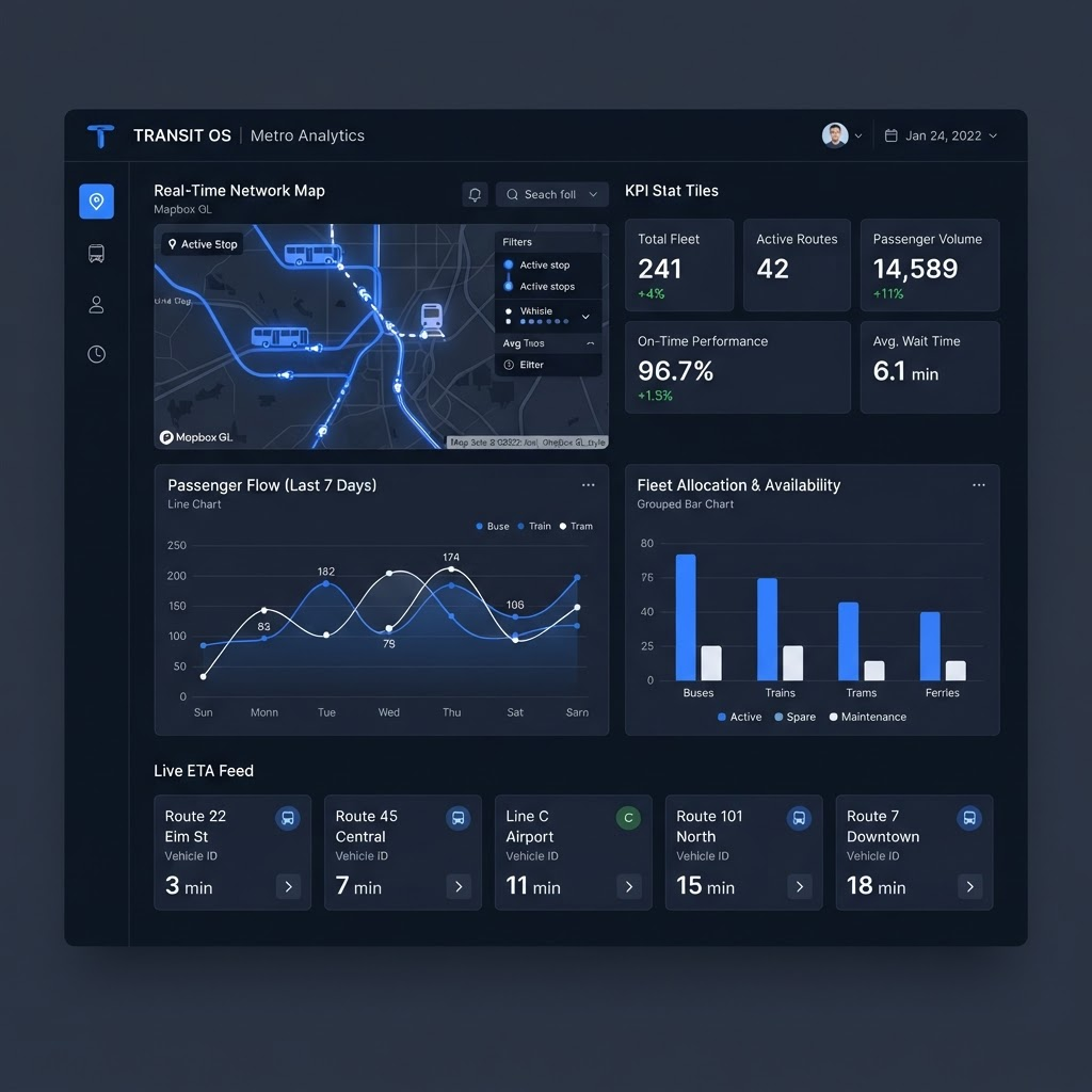 Hill Spear transit analytics dashboard showing live routes, passenger flow, and fleet allocation
